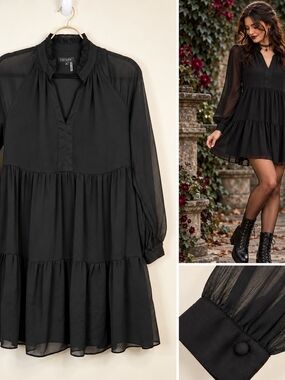 1.STATE Black Tiered Mini Dress Size S Romantic Goth Dark Academia Boho